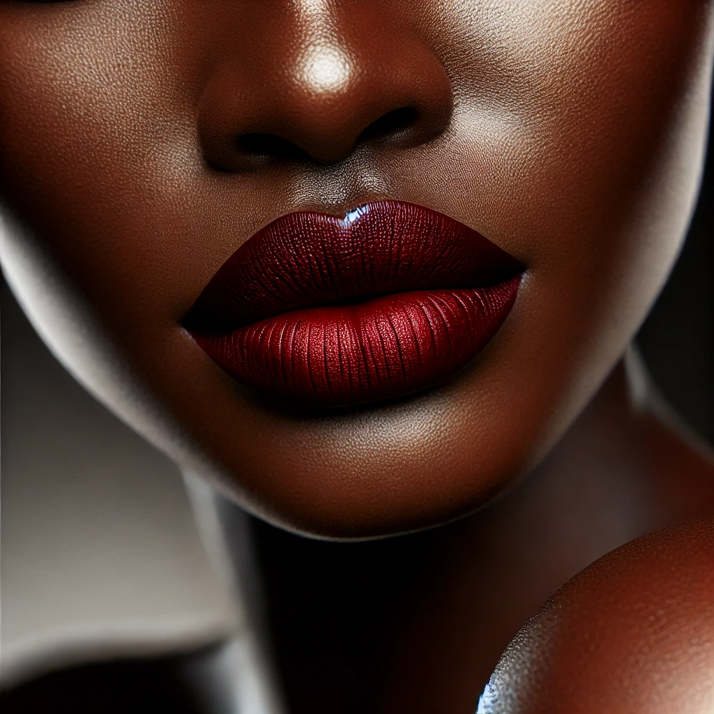 Batom vermelho poderoso em pele negra, realçando os lábios com cor intensa.