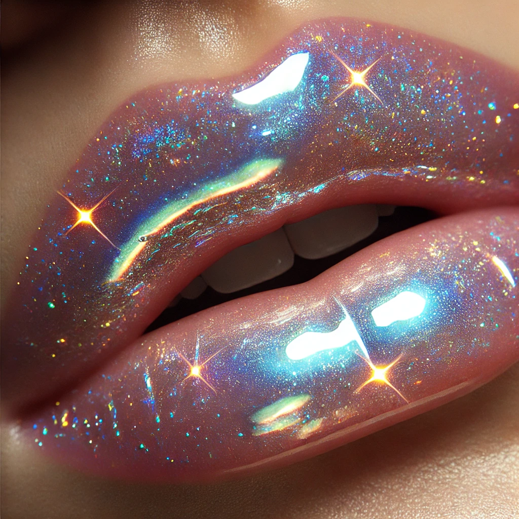 Gloss cintilante nos lábios para um visual glow com brilho natural.