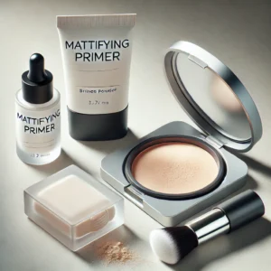 Produtos de maquiagem para pele oleosa, incluindo primer matificante e pó translúcido.