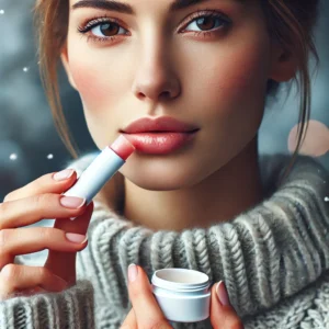 Cuidado com os lábios no inverno, aplicando balm hidratante para prevenir rachaduras.