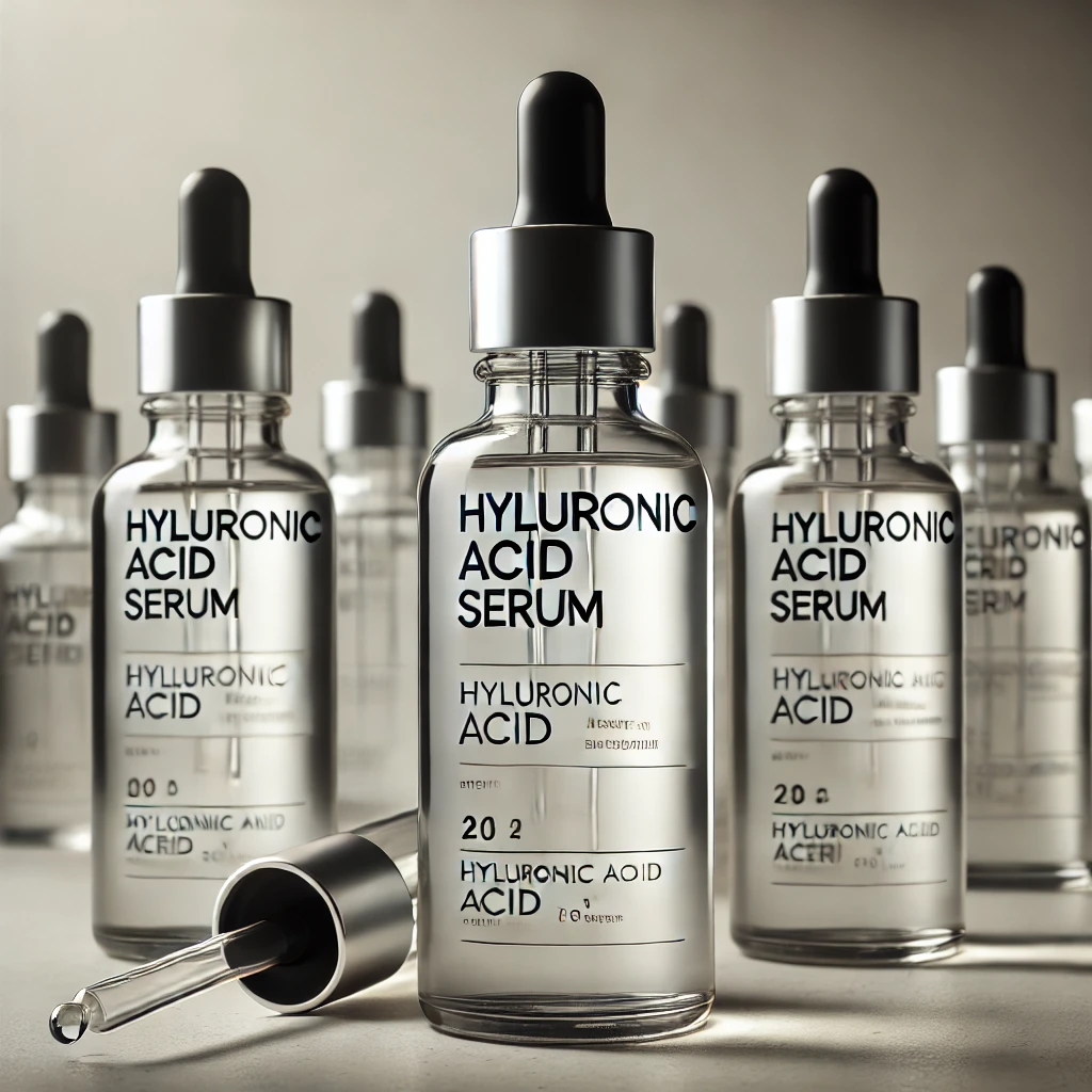 Frascos de ácido hialurônico para skincare, usados para hidratação profunda da pele.