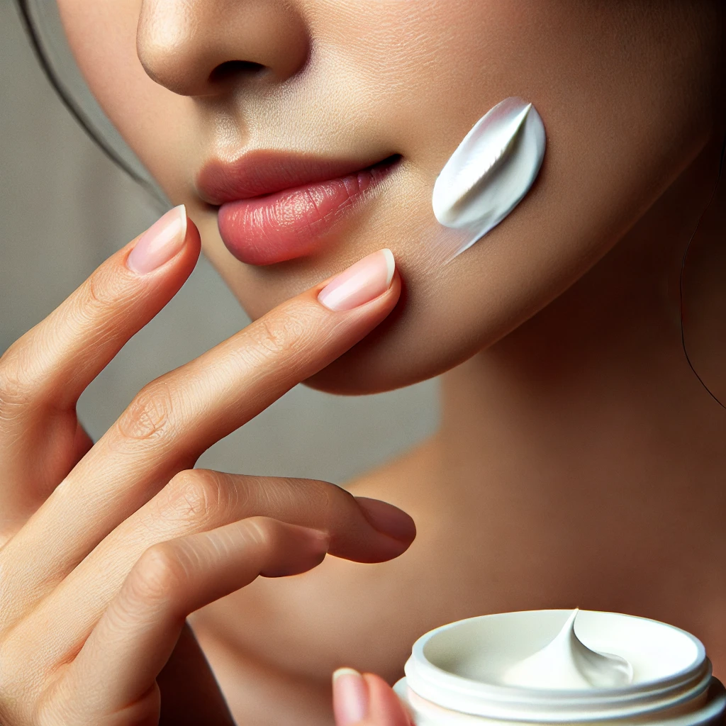 Aplicação de creme com ceramidas para fortalecer a barreira cutânea.