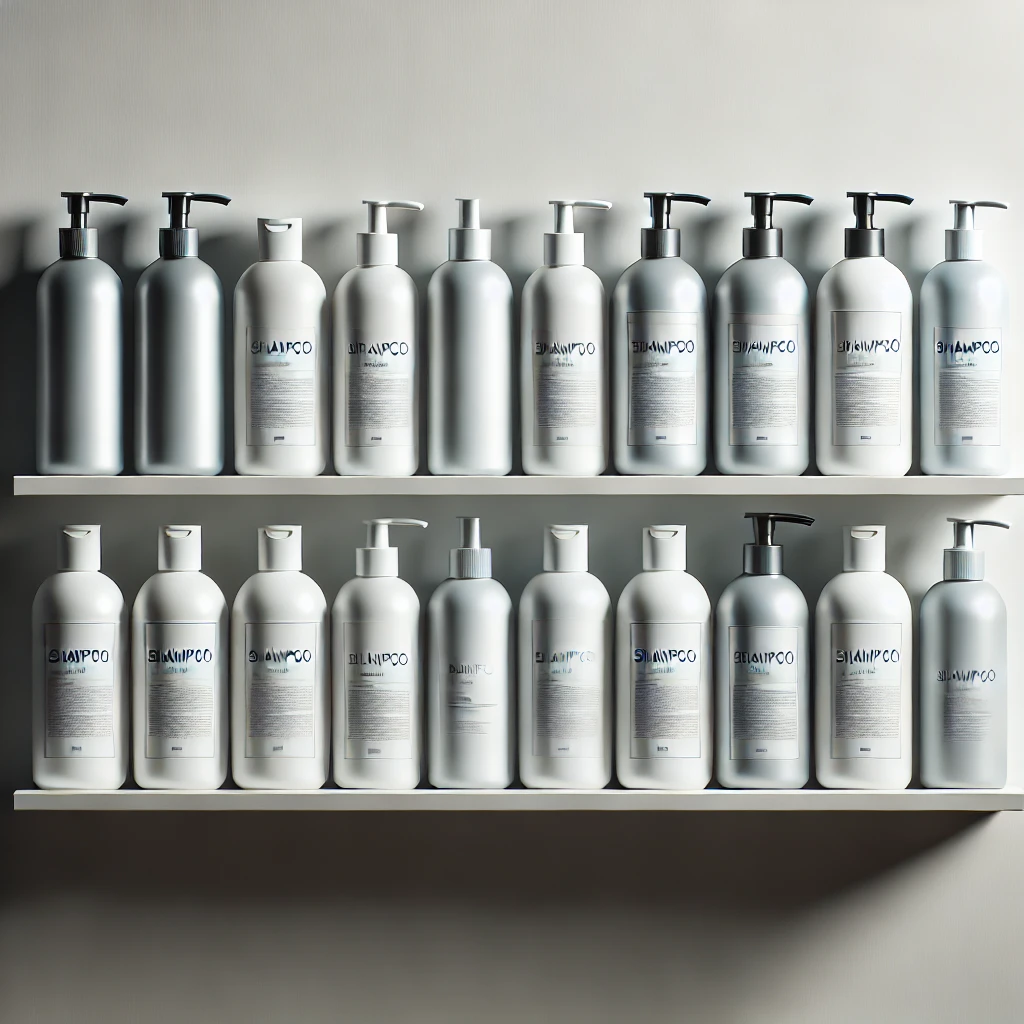 Shampoos variados para diferentes tipos de cabelo, organizados em uma prateleira.