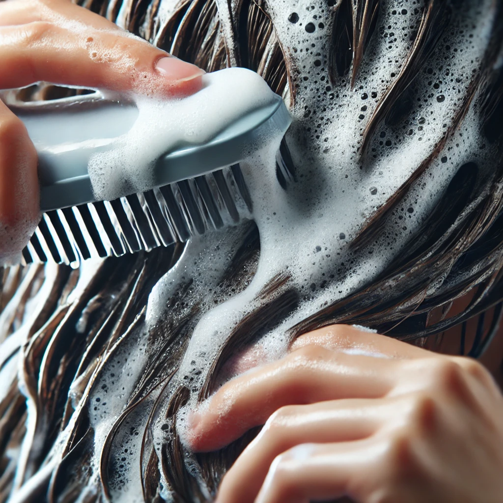 Mulher lavando cabelos cacheados, aplicando shampoo específico para cachos