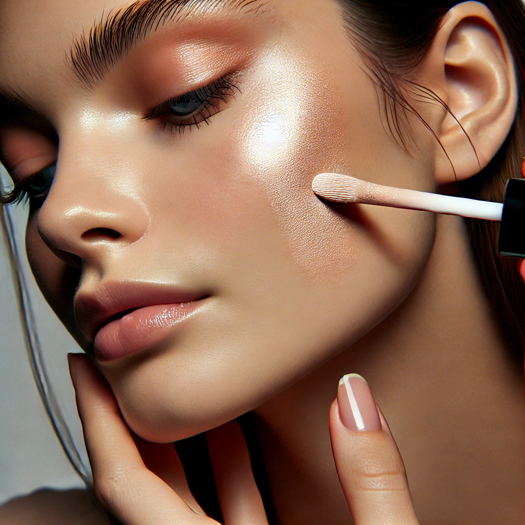 Modelo aplicando iluminador líquido, destacando a tendência de pele glow para 2024