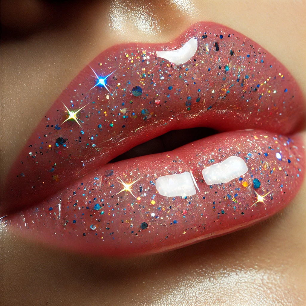 Lábios com gloss transparente, seguindo a tendência de texturas cremosas e hidratantes para os lábios.