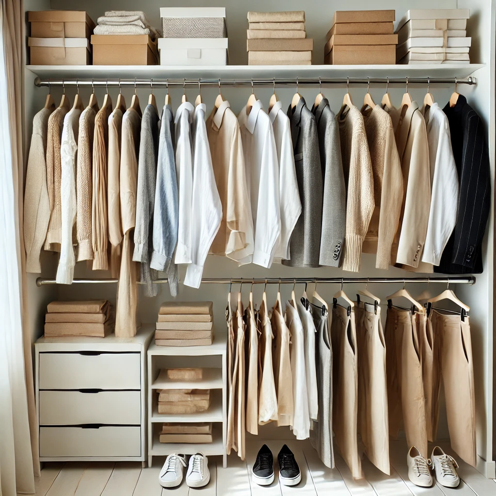 Guarda-roupa minimalista e organizado seguindo o conceito de armário cápsula.