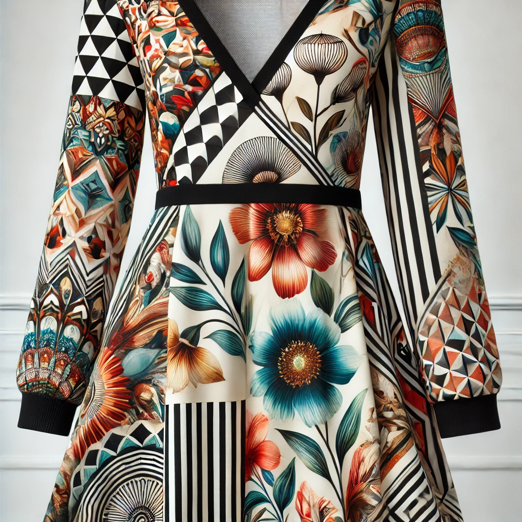 Vestido que combina estampas geométricas e florais